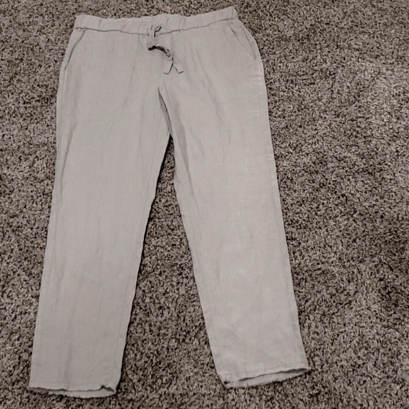 SAKS FIFTH AVENUE gray linen drawstring elastic waist L P undone hem modern look - Picture 3 of 5